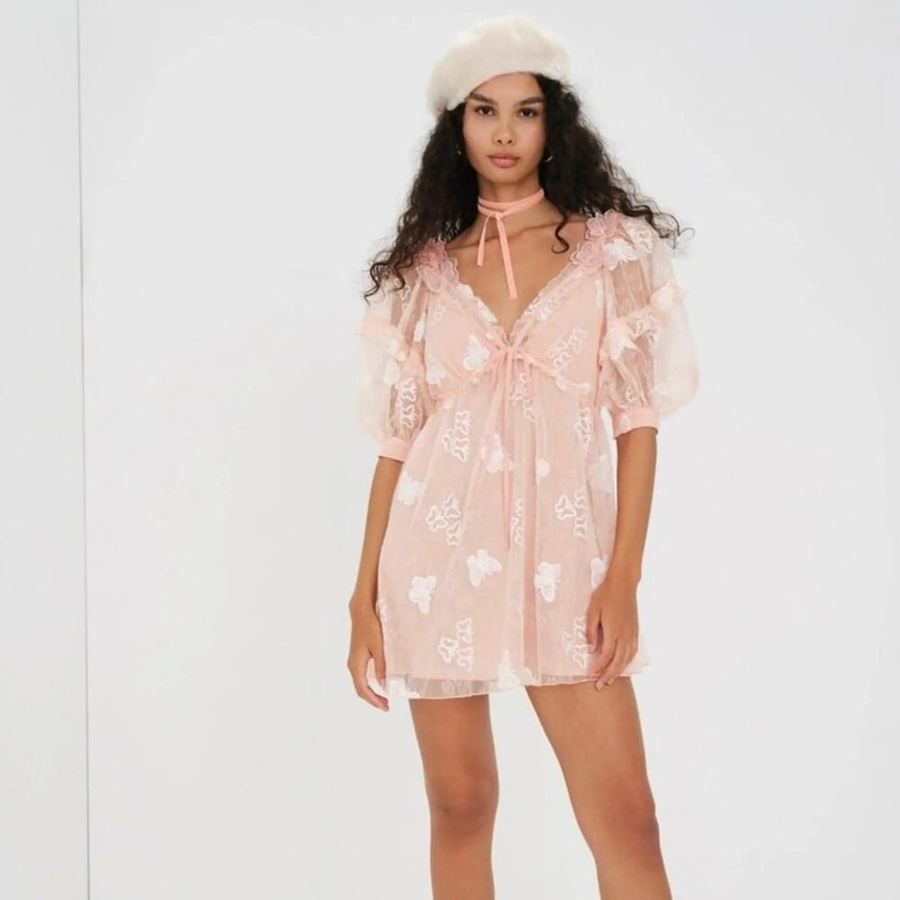 For Love & Lemons Shari Medium Peach Mini Dress Butterfly Sequin Lace NWT - Picture 2 of 16
